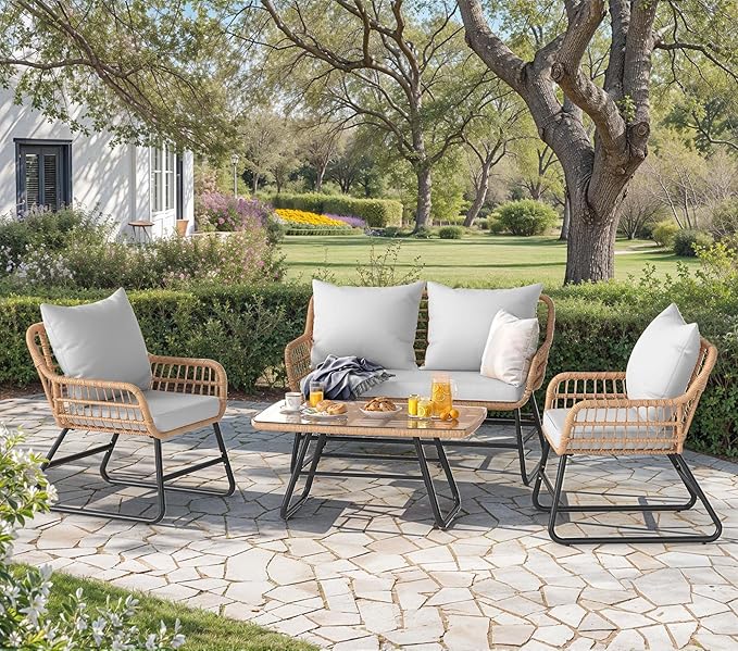 DWVO Outdoor Conversation Set 4 Piece, Outdoor Wicker Bistro Set