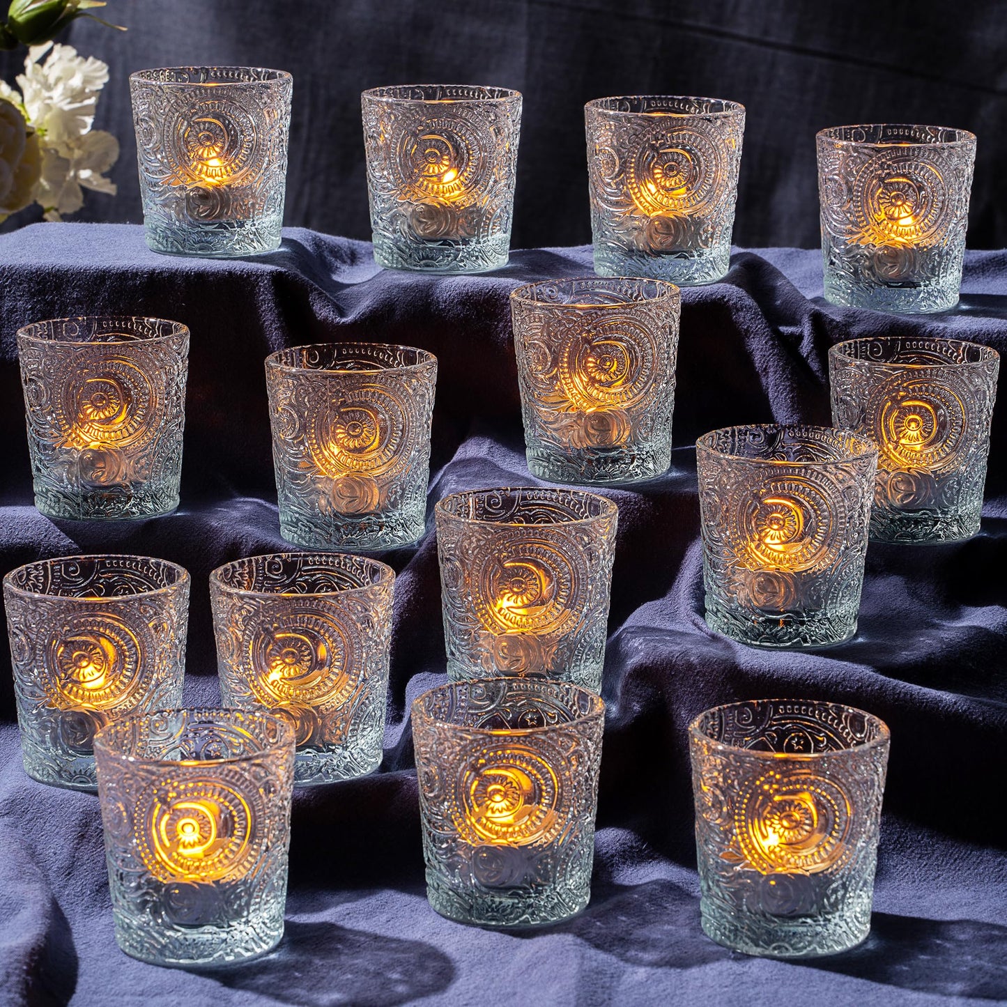 Clear Sun Moon Stars Glass Tealight Holders, 6 Pack