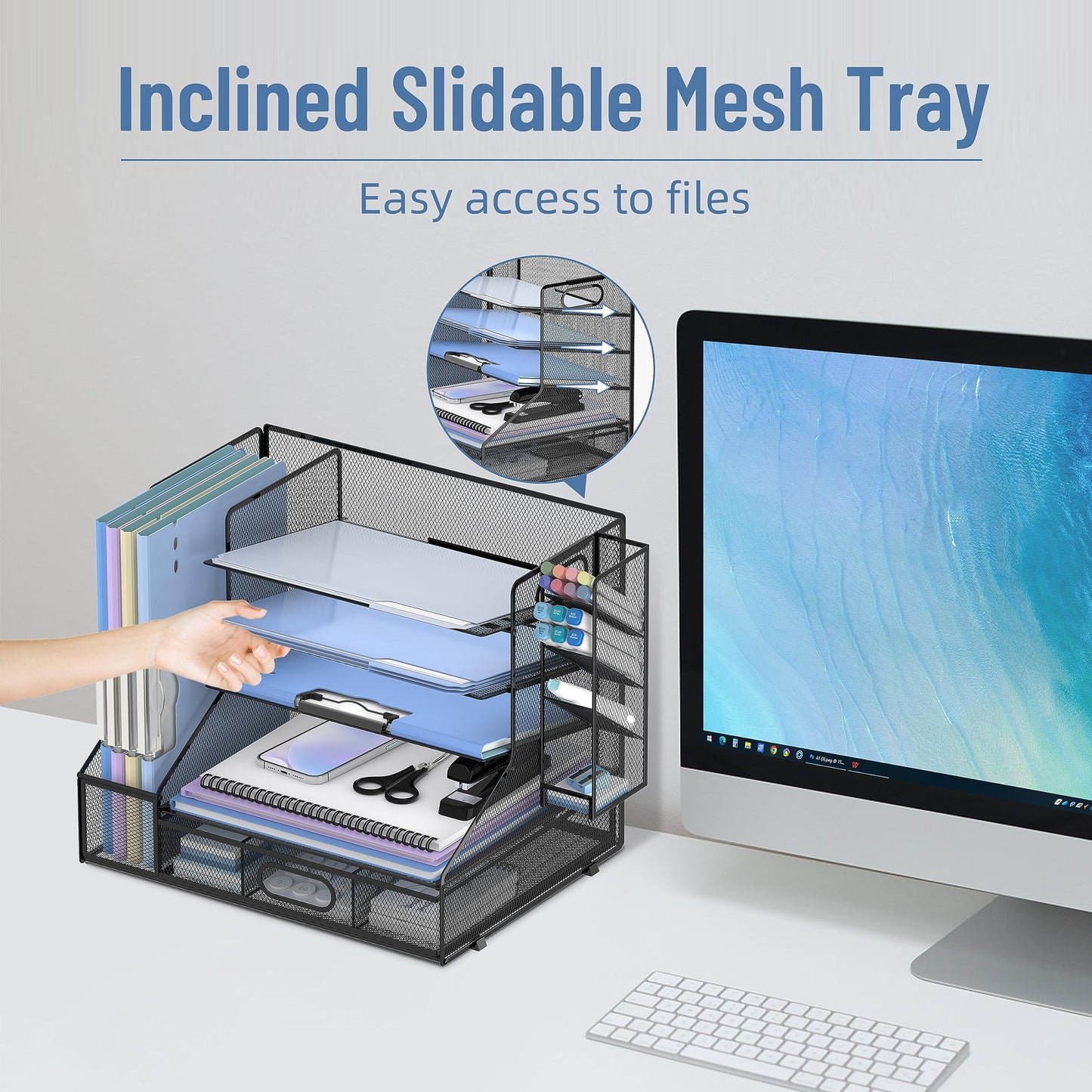 SUPEASY Desk Organizer with File Holder, 5-Tier Mesh Paper Letter Tray and 3 Tilted File Sorter for Office Supplies, Black