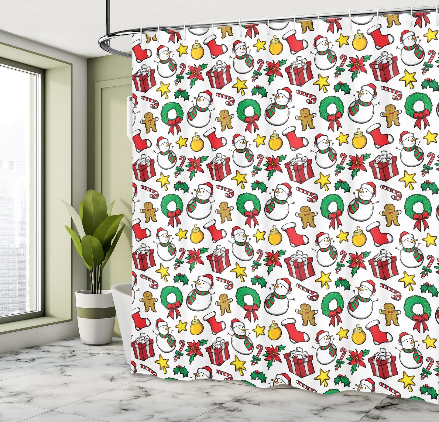 Ambesonne Christmas Shower Curtain, Classical Inspirational Wreath with Candy Cane Snowman Patterns Feast Theme, Cloth Fabric Bathroom Decor Set with Hooks, 69" W x 70" L, Red and White