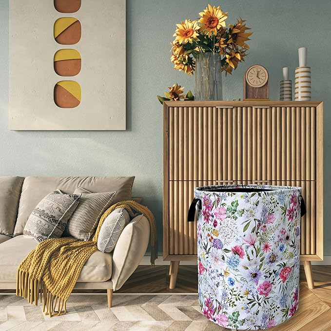 Watercolor Flower Floral Laundry Basket Foldable