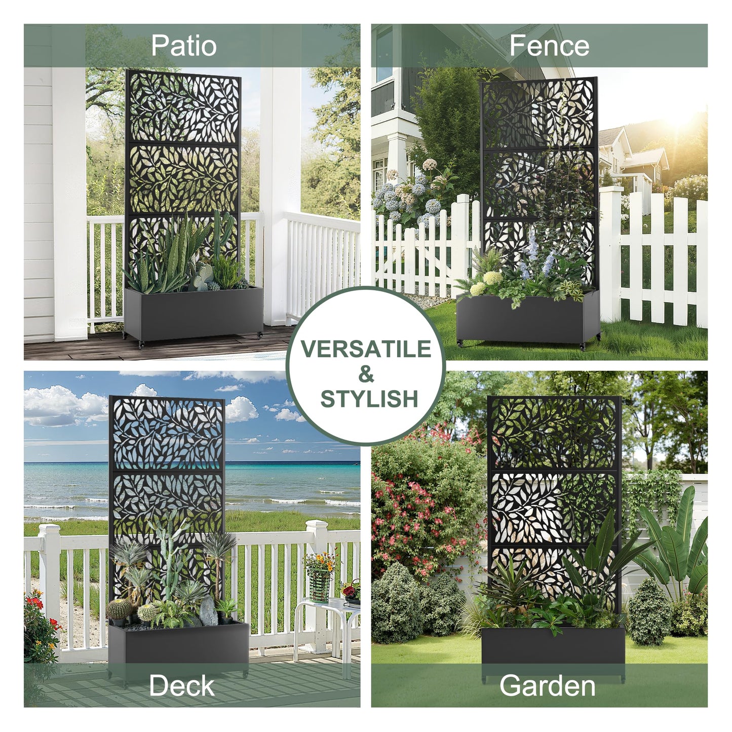 PolarcoForgeco Metal Planter Box with Trellis and Wheels, 35" L×16" W×71" H Outdoor Raised Beds with Privacy Screen, Drainage Holes for Climbing Plants (Black Leaf)