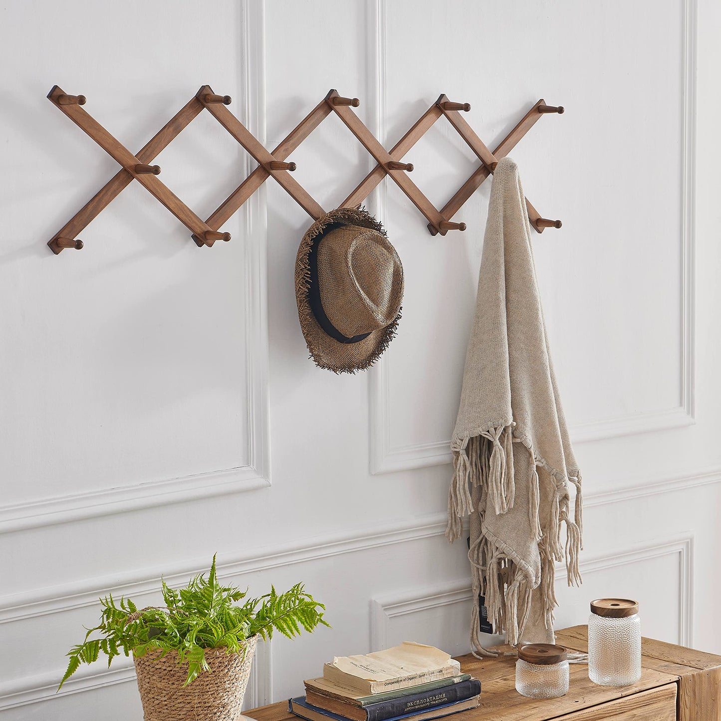 SKOLOO Hat Rack for Wall with 14 Hooks, Solid Wooden, Modern, Expandable Coat Rack Wall Mount for Coats, Hats, Bags, Baseball Caps, Walnut Color