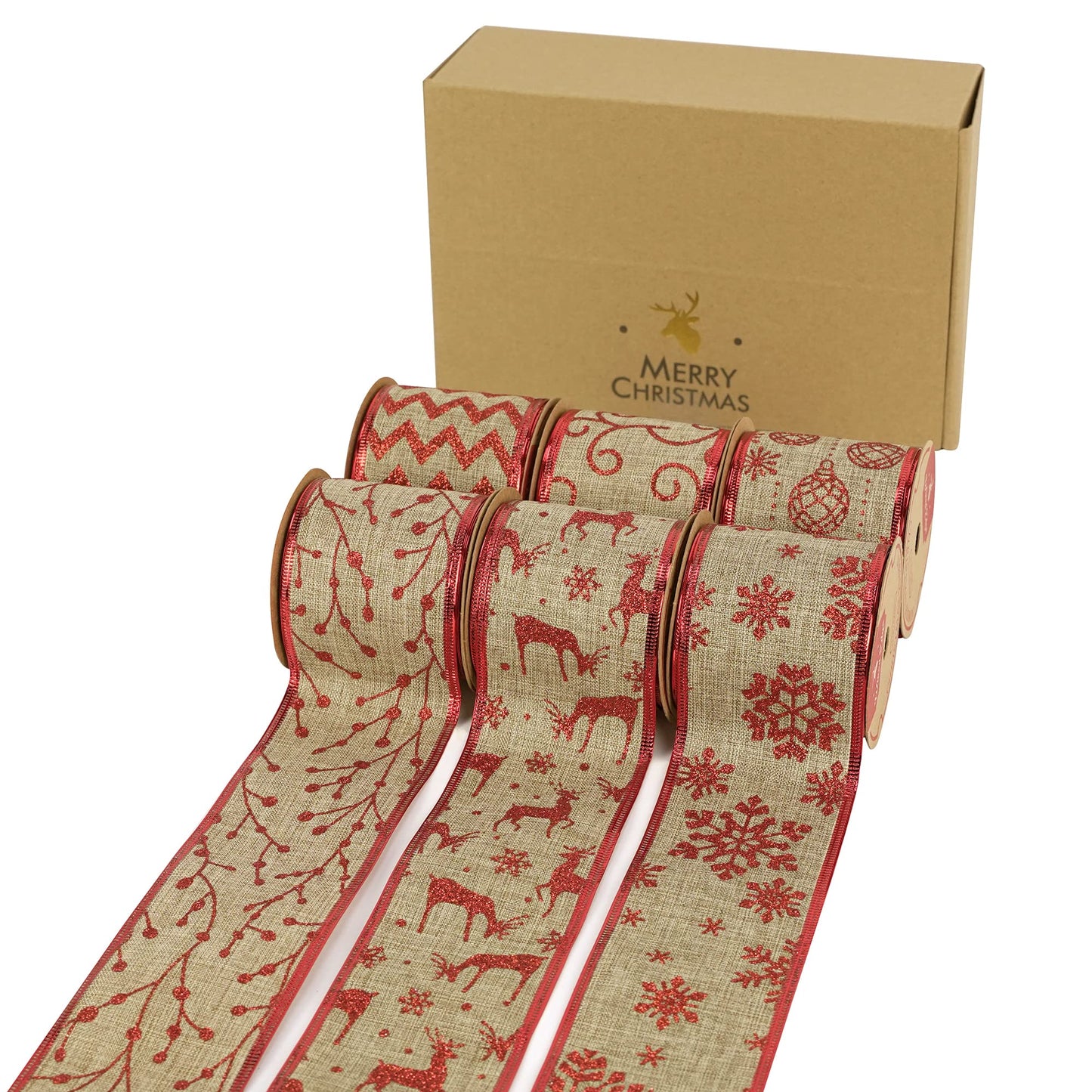 MEEDEE Christmas Ribbon Set 2.5 Inch, 6 Rolls 36 Yards, Wired Burlap and Red Glitter Ribbon for Tree Decorations, Wreath Bows, Garland Decor
