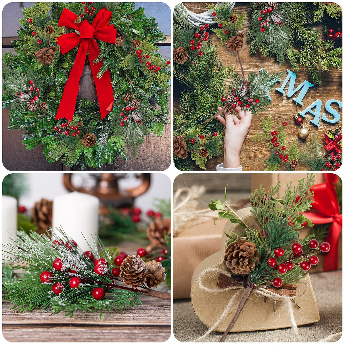AnyDesign Artificial Christmas Picks Assorted Faux Pine Picks Red Berry Picks Stems Spray Twigs Evergreen Branches for DIY Holiday Art Gift Craft Garland Ornament Floral Arrangement Wreath (8 Pack)