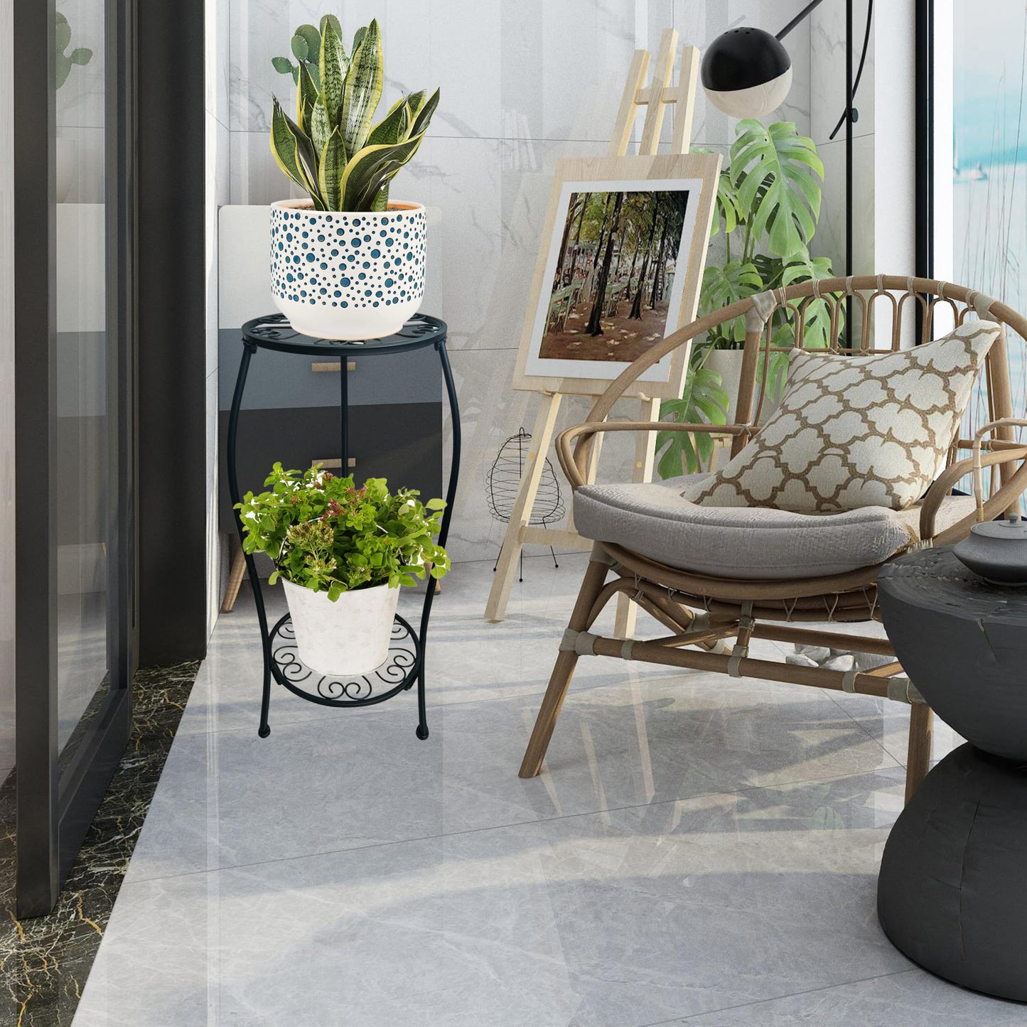 2 Pack 25.2 inch Metal Plant Stand Rack for Round Flower Pot, 2 Tier Potted Holder Indoor Outdoor Rustproof Wrought Iron Heavy Duty Planter Shelf for Corner Living Room Balcony Garden Patio, Black
