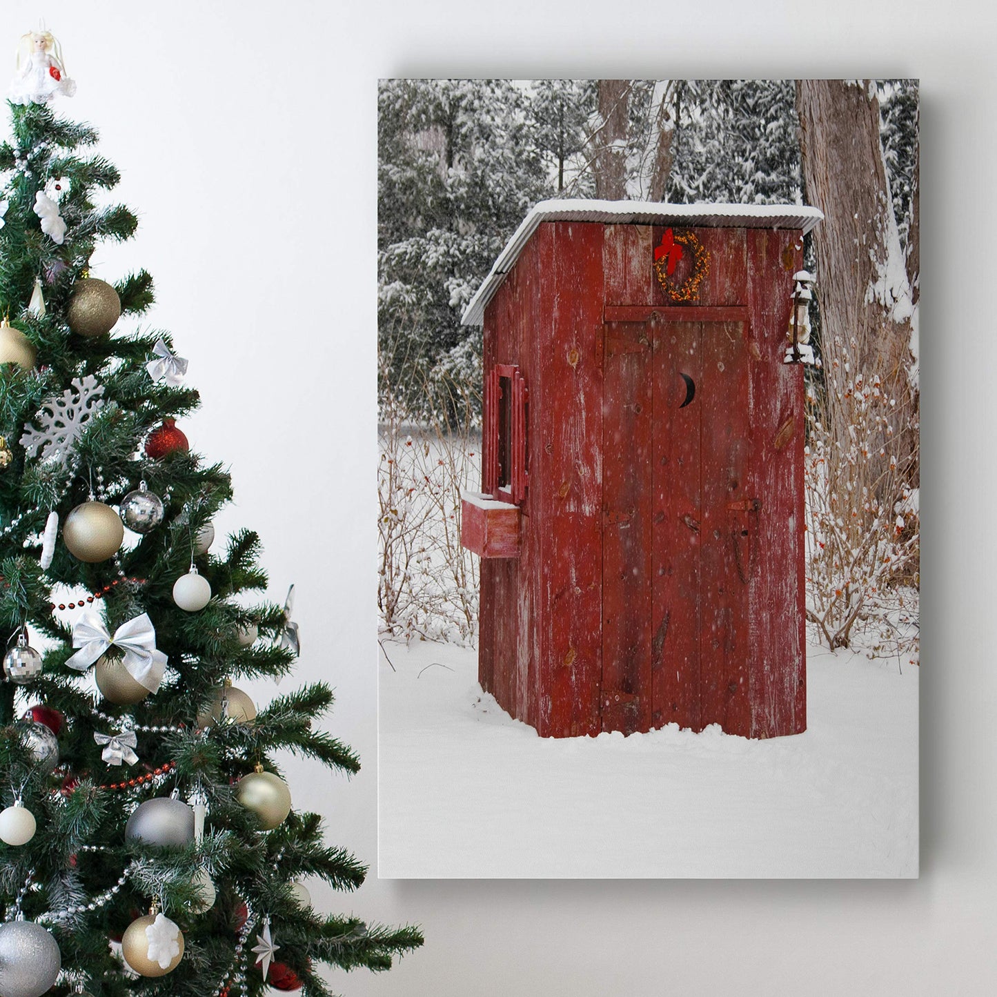 Renditions Gallery Xmas Canvas Prints for Home Decor Red Snowy Outhouse Christmas on the Farm Wall Hanging Picture & Prints for Bedroom Dining Living Room Office Home Kitchen Decor - 32"X48" LT18