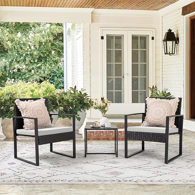 Flamaker 3 Pieces Patio Furniture Outdoor Wicker Modern Rattan Chair Conversation Sets with Coffee Table for Yard, Bistro(White)