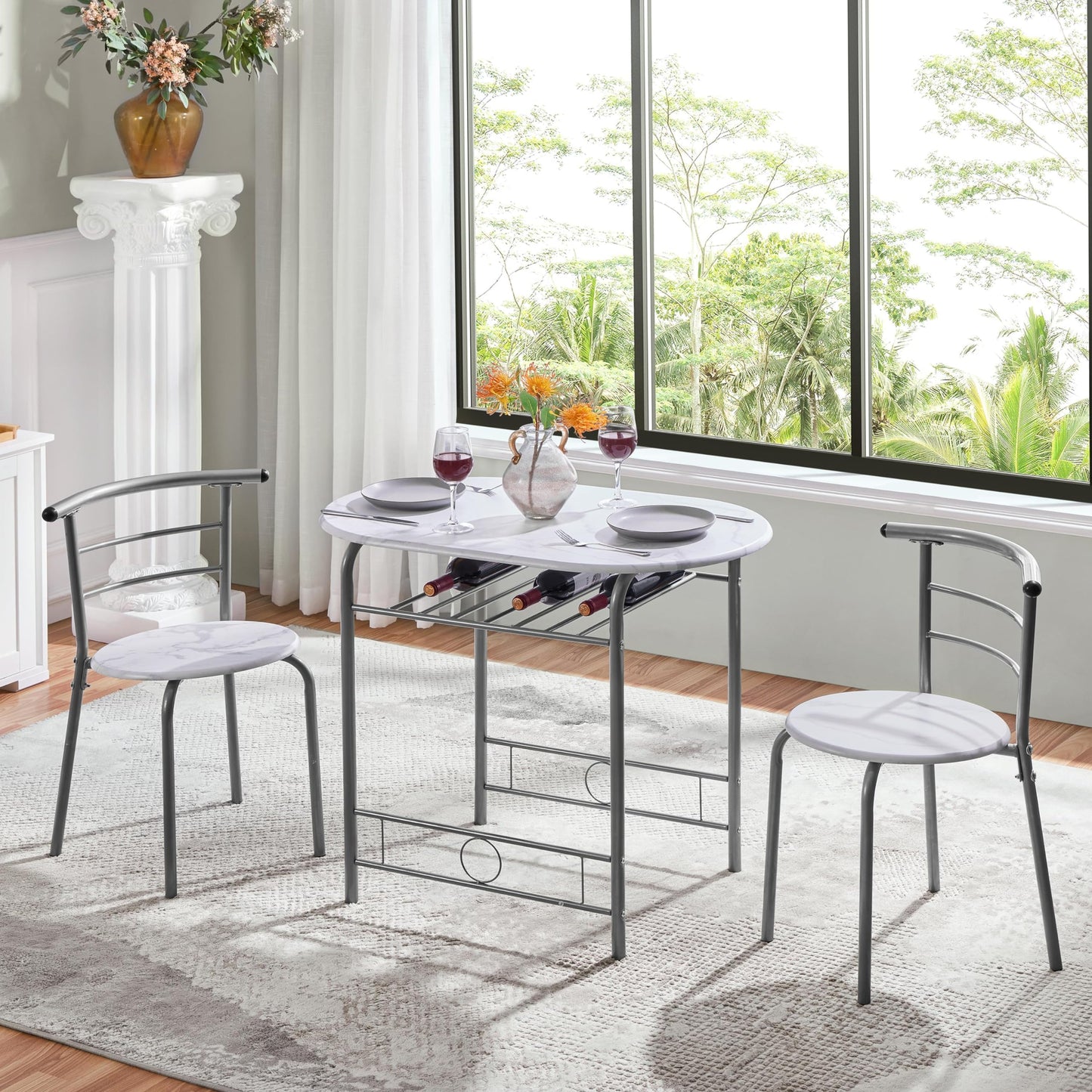 Yaheetech 3 Piece Modern Dining Table Set, Kitchen Table and Chairs Set for 2, Space Saving Table Set, Breakfast Nook Table Set with Steel Legs and Storage Rack for Kitchen/Small Space, White