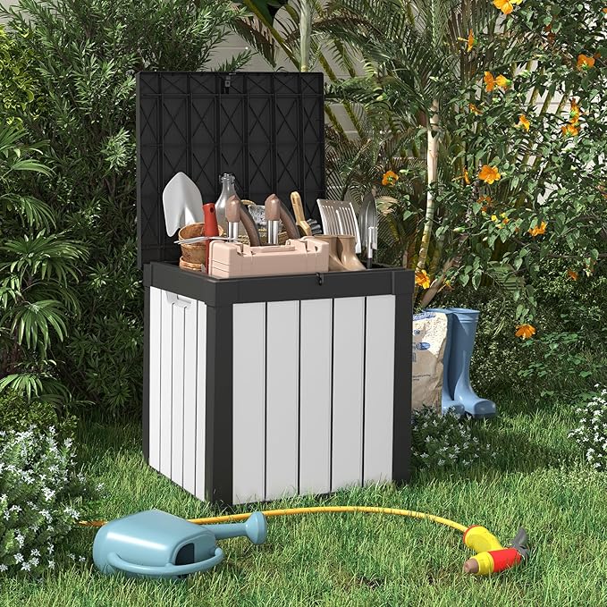 EasyUp 50 Gallon Deck Box Outdoor Storage Box for Patio Furniture,Outdoor Cushions,Garden Tools and Pool Supplies,Waterproof,Resin(Black&White)