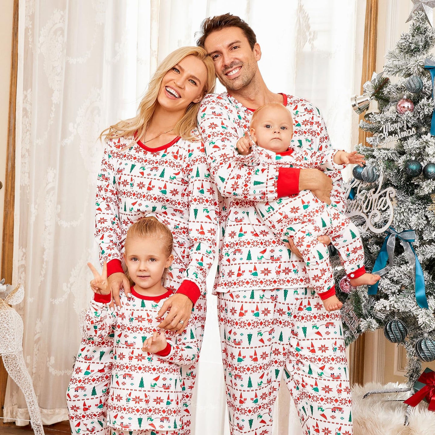 PopReal Christmas Pajamas for Family, Matching Family Christmas PJs Sets Blue Elk Tree Printed Top Sleepwear