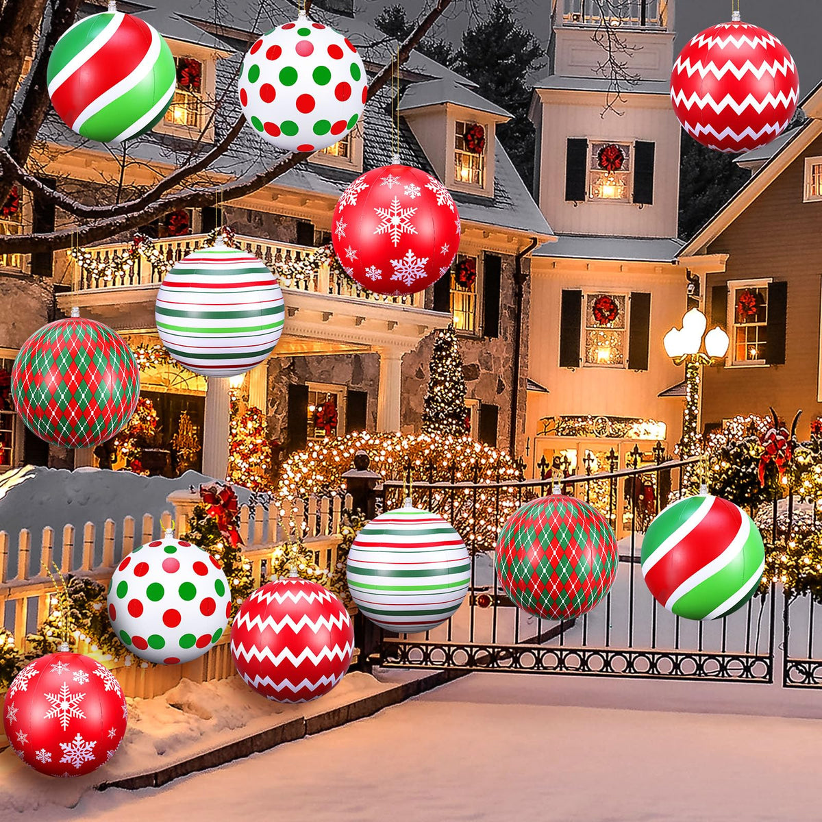 12 Pcs 12 Inch Inflatable Christmas Ball Ornaments Large Christmas Hanging Tree Ornaments Blow up PVC Christmas Balls Decorations for Xmas Porch Yard Lawn Holiday Party Decor
