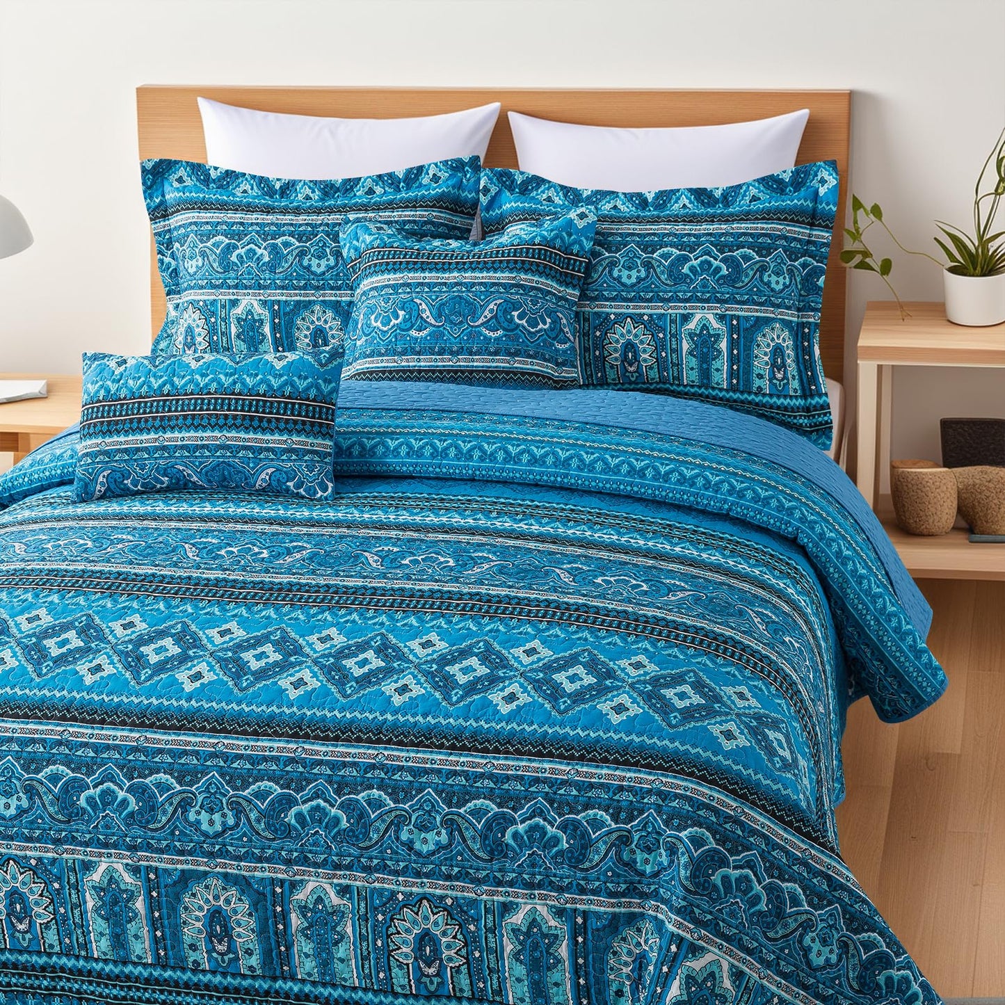 TWINRUN Cotton Quilts Queen Size, 3 Pieces Queen Quilt Bedding Set (90 x 98 Inch), Lightweight Boho Quilts Queen Size for Bed, Blue Stripes Bedspreads for All Seasons, Machine Wash