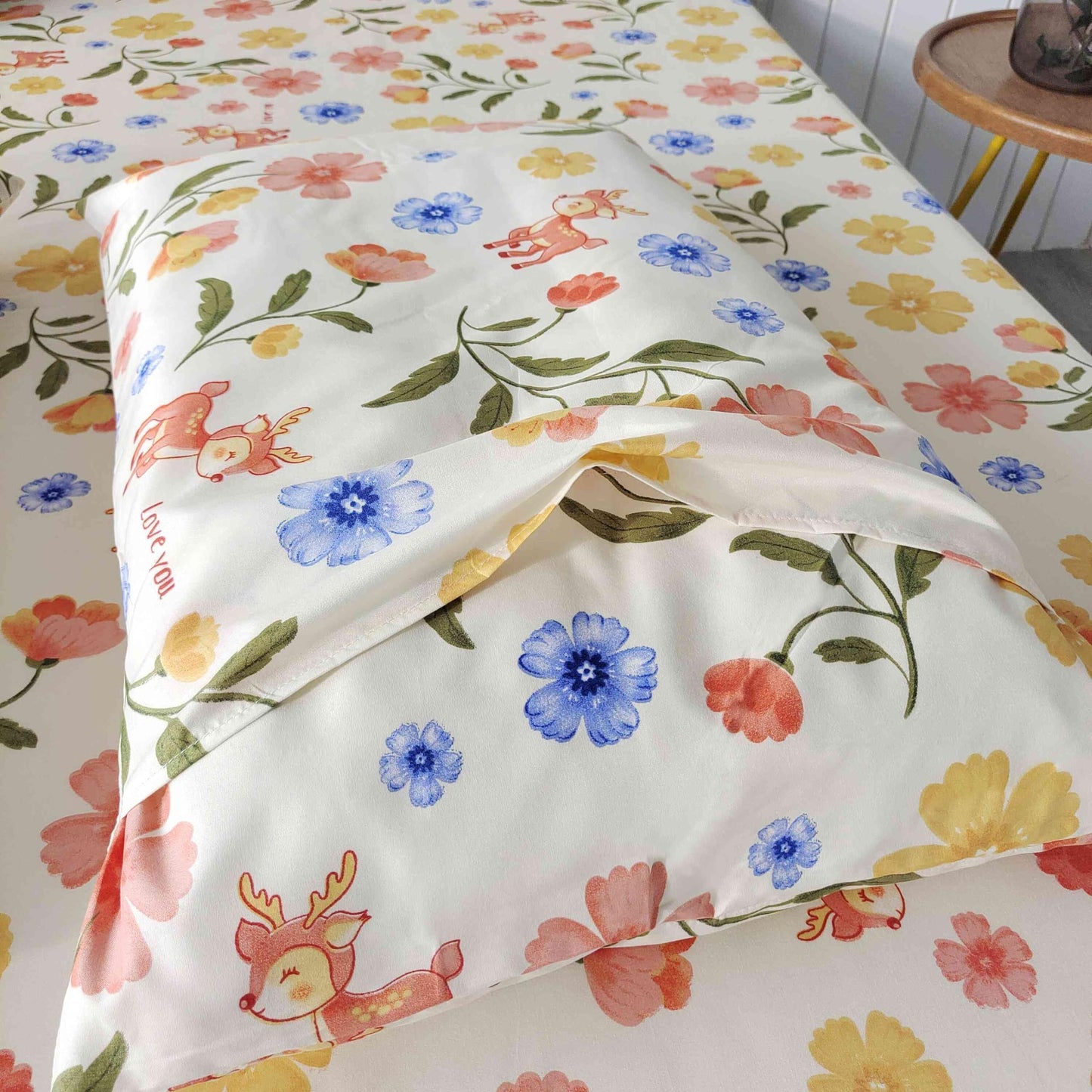 SDIII Reindeer and Floral Twin Fitted Sheet with 2 Pillowcases, Deep Pocket Soft Microfiber Fawn and Floral Sheet Twin Size All Season
