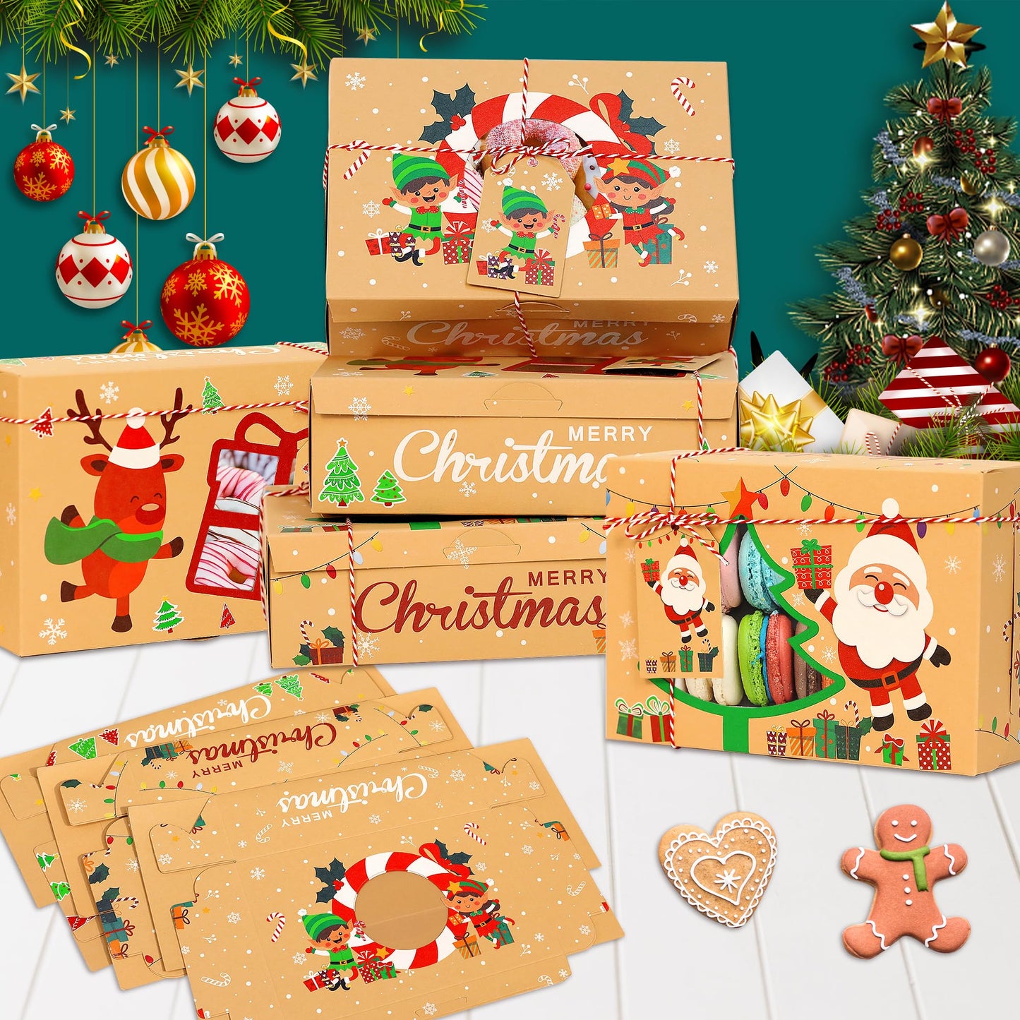 Parma77 12PCS Christmas Cookie Boxes, 8.6" x 5.9" x2.7" Holiday Treat Cookie Tin with Window, Christmas Treat Boxes for Donuts Cupcake Candy Gift Giving