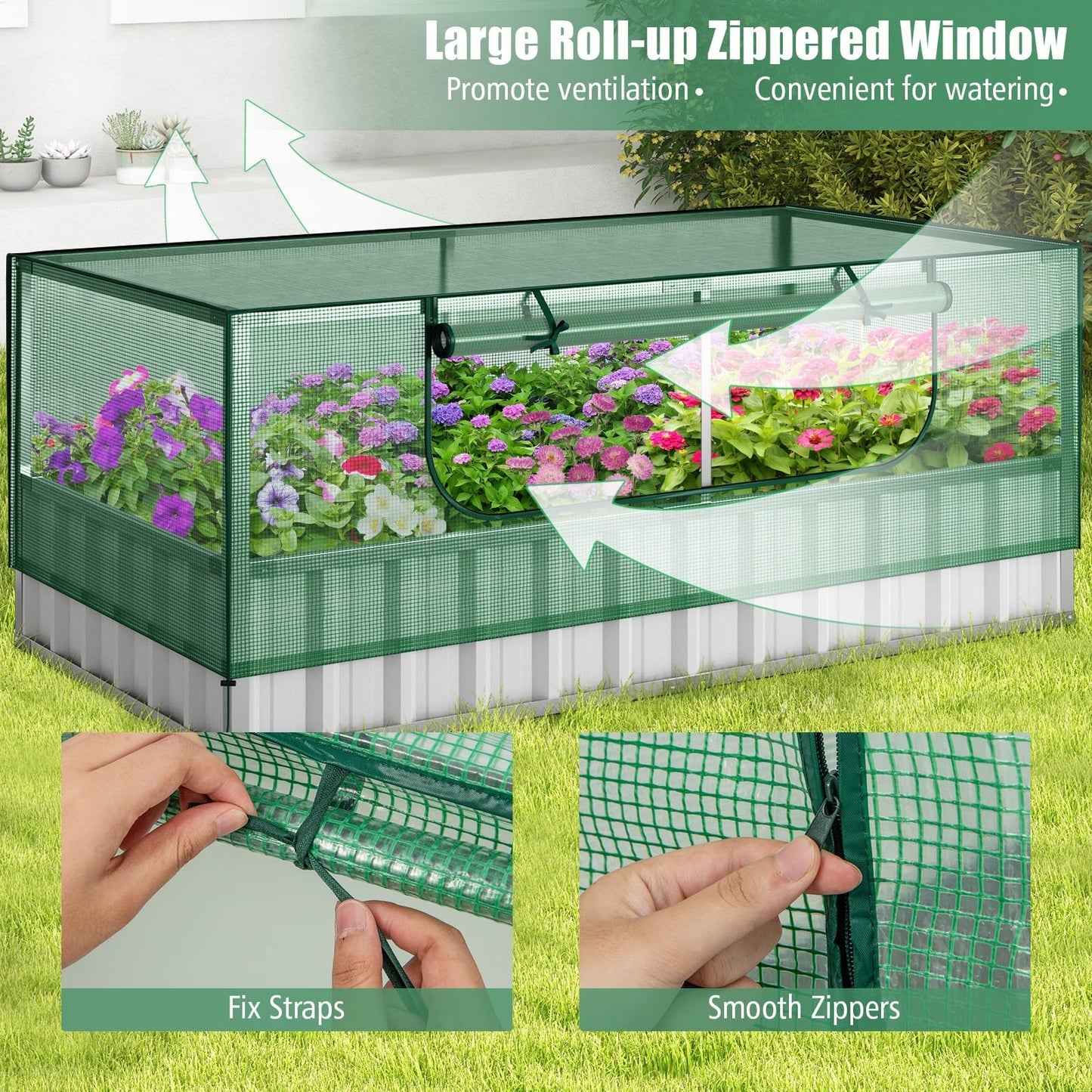 69" x 36" x 28" Galvanized Raised Garden Bed w/ Cover Roll-up Window PE Cover Greenhouse