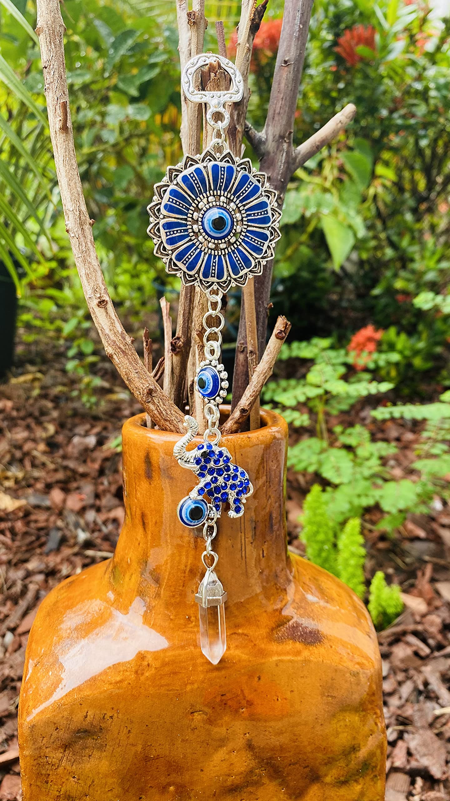 LUCKBOOSTIUM Elephant with Blue Sandstone Crystal and Mandala Hanging Pendant - Sign of Good Luck & Blessing - Home & Office Decorative Accessories - Car Ornaments for Rear View Mirror
