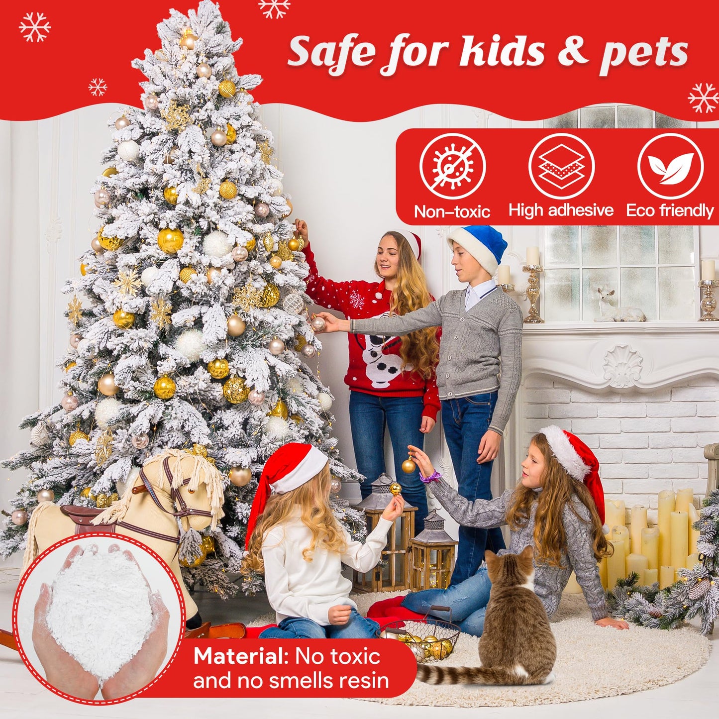 Snow Flocking Powder, 2 lbs Self-Adhesive Snow Flock for Christmas Decorations, Christmas Tree Decor Snow, Fake White Snow Flock for Winter Xmas Artificial Tree Wreath Garland Crafts Home Display