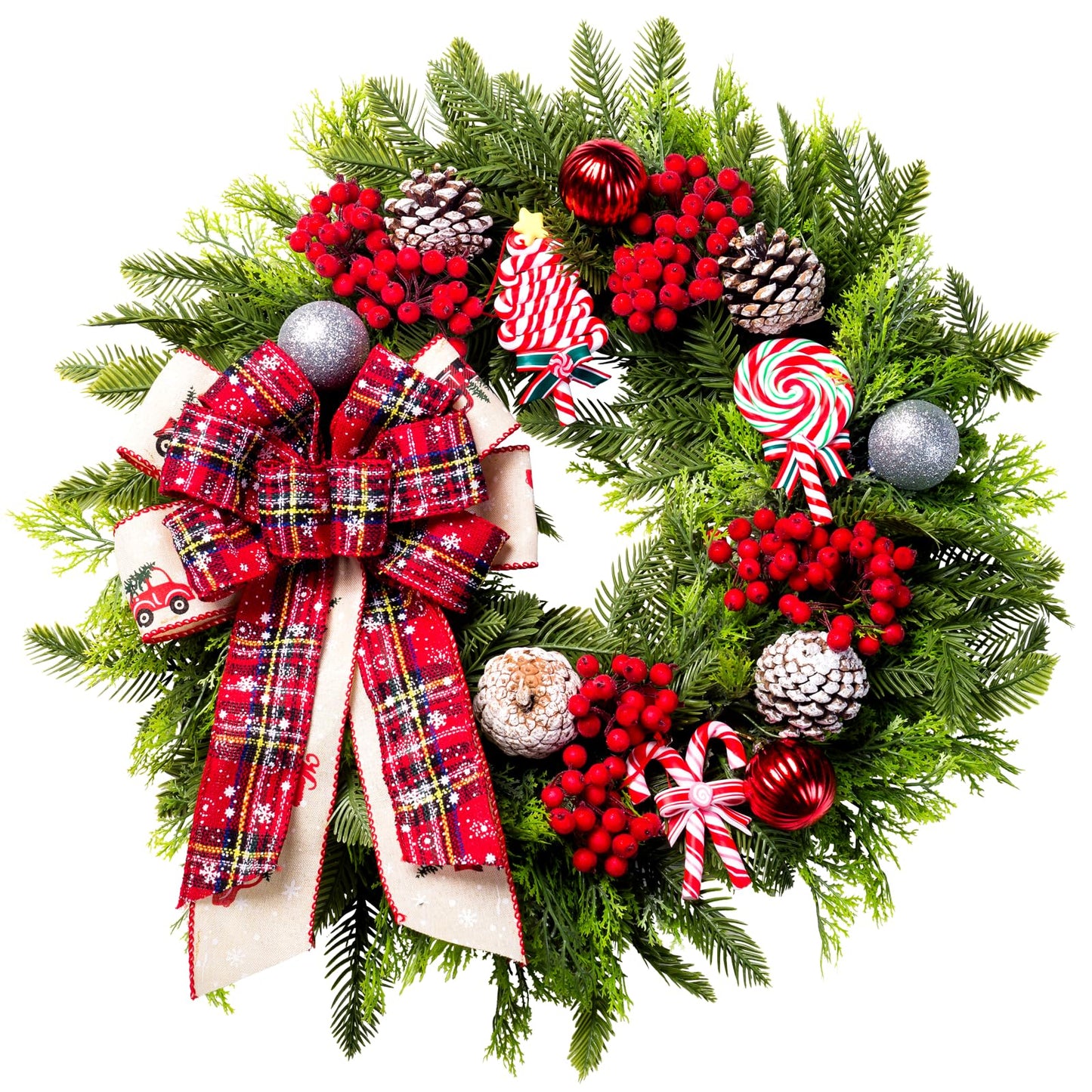 Christmas Wreaths for Front Door, 20 Inch Lighted Artificial Christmas Door Wreath with Candy Lollipops Ball Bow, Holiday Decorations for Home Decor