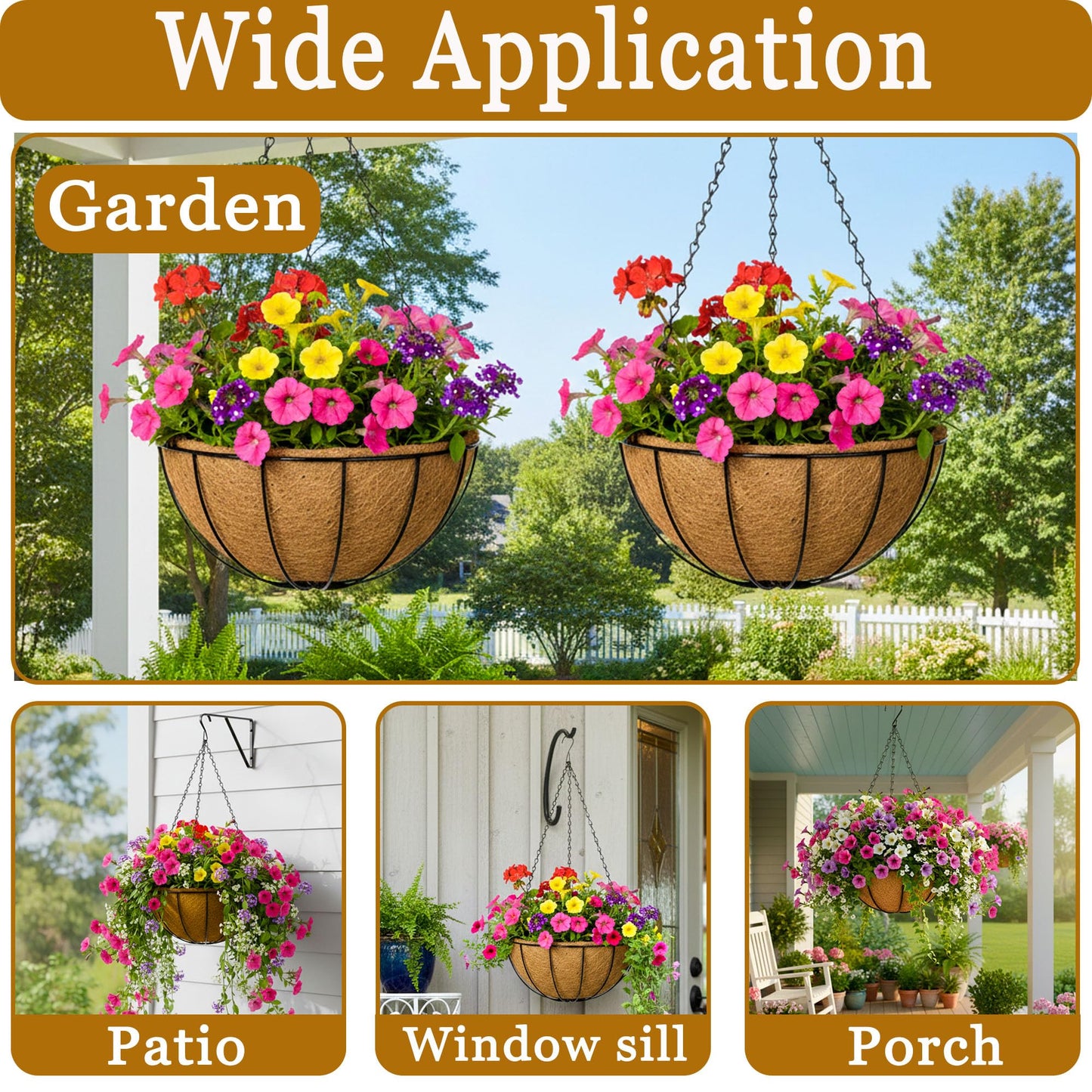 SMYAXUNW 4 Pack Hanging Planters 14 Inch Metal Hanging Planter Basket Flower Pots with Coco Coir Liners Round Wire Plant Holder with Chain for Indoor Outdoor Patio Porch Garden Decoration(XG)