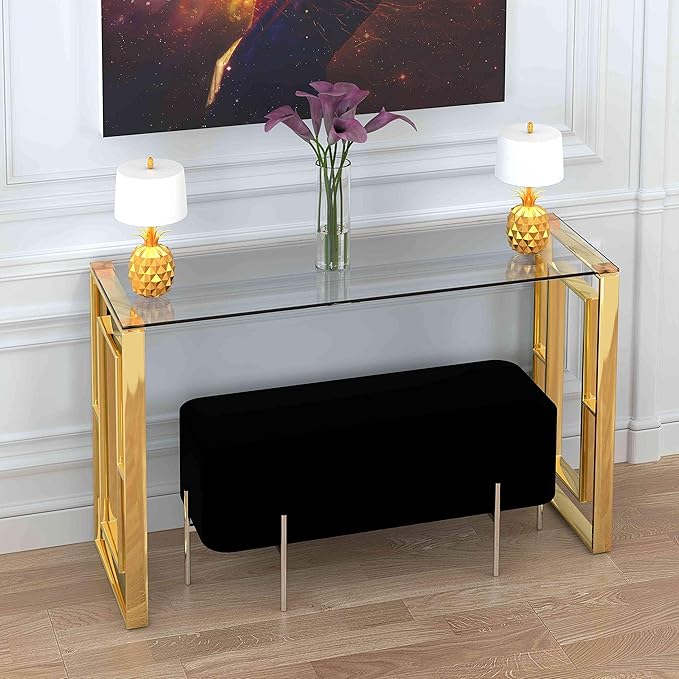 Cortesi Home Laila Console Table Stainless Steel Glass, 15.75" D x 47" W x