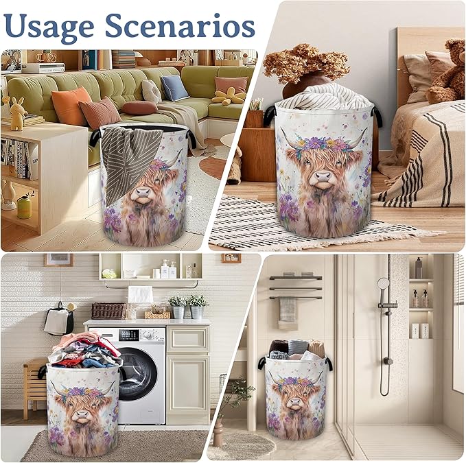 Highland Cow Laundry Basket, Foldable Oxford Cloth Flower Funny Laundry Hamper