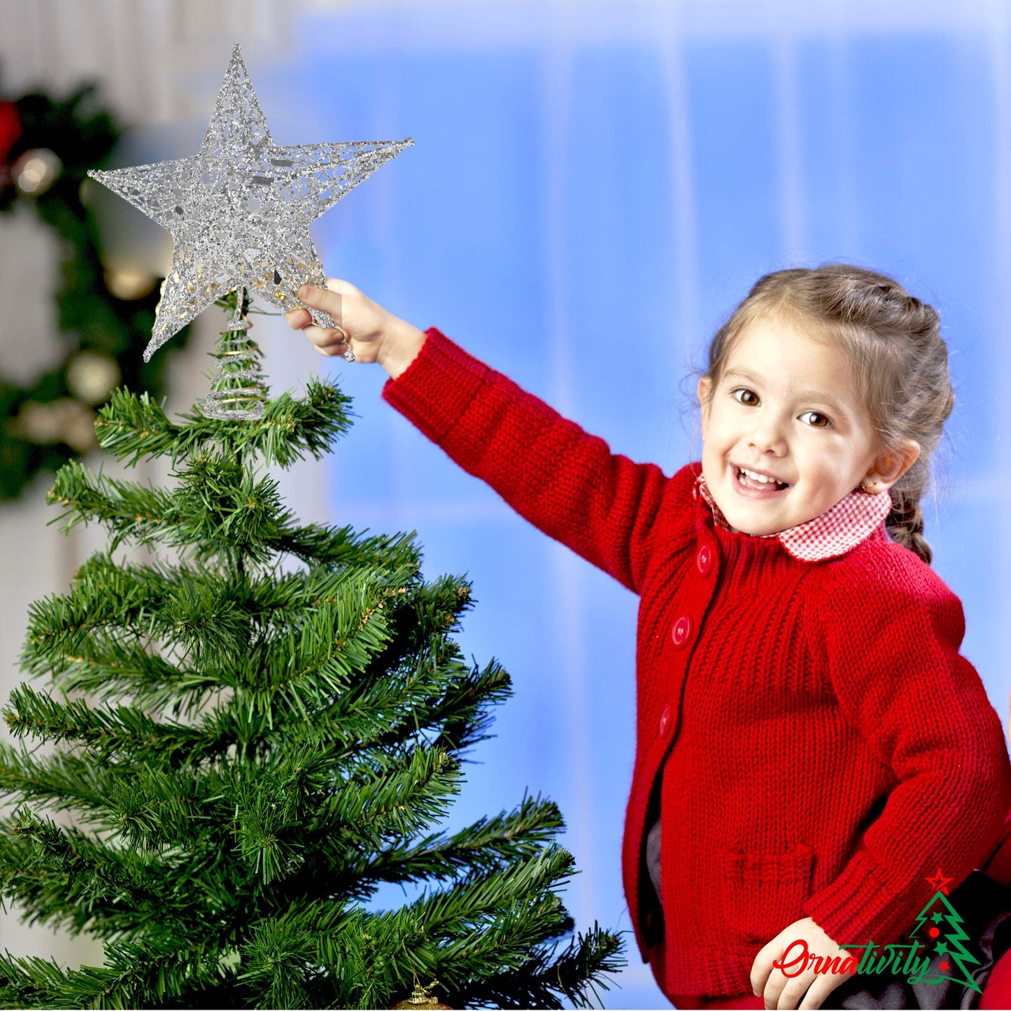 Ornativity Silver Star Tree Topper - Christmas Silver Glitter Sparkle Star Ornament Holiday Decor Top Toppers Xmas Decoration 9"