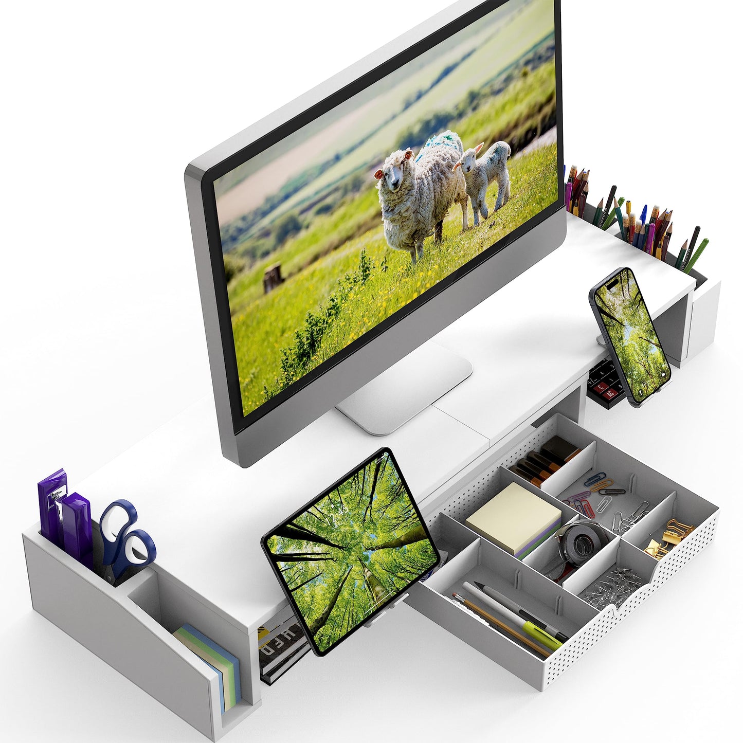 Simple Houseware Desk Dual Monitor Stand Riser with Drawer, White