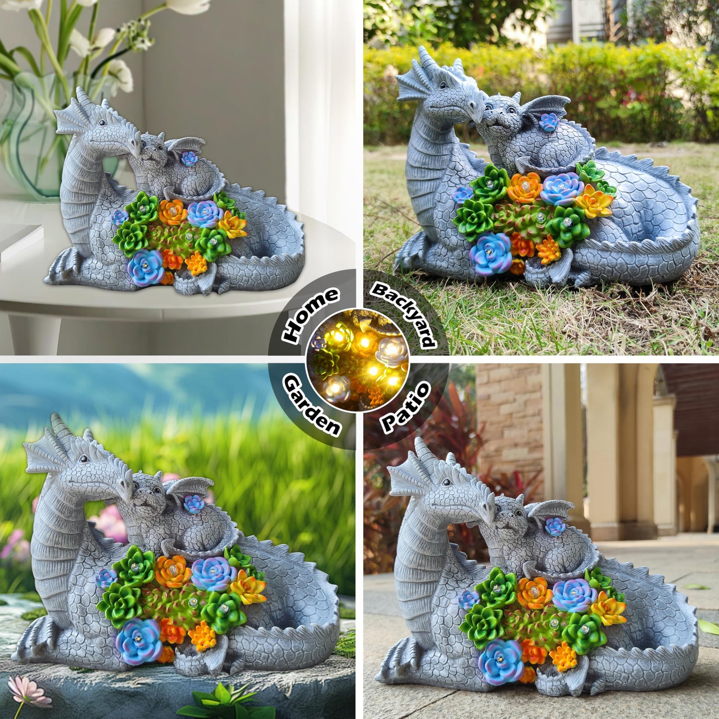 RCTTICUU Solar Dragon Garden Statues Outdoor Decor, Resin Dragon Figurine with Succulent and 6 LED Lights Lawn Patio Balcony Art Decoration,Housewarming Birthday Gifts for Grandma Mom Women