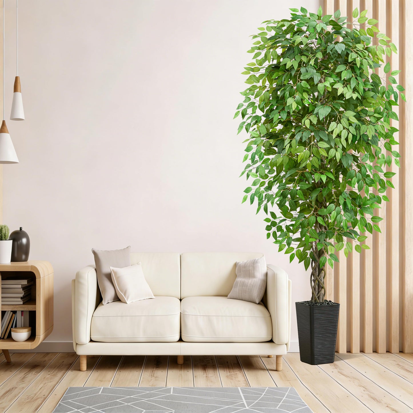 Artificial Ficus Tree 6FT Faux Plants Indoor Tall Fake Plants with Black Square Planter, Green Lifelike Lush Fake Ficus Tree for Home Living Room Bedroom Outdoor Balcony House Office Decor