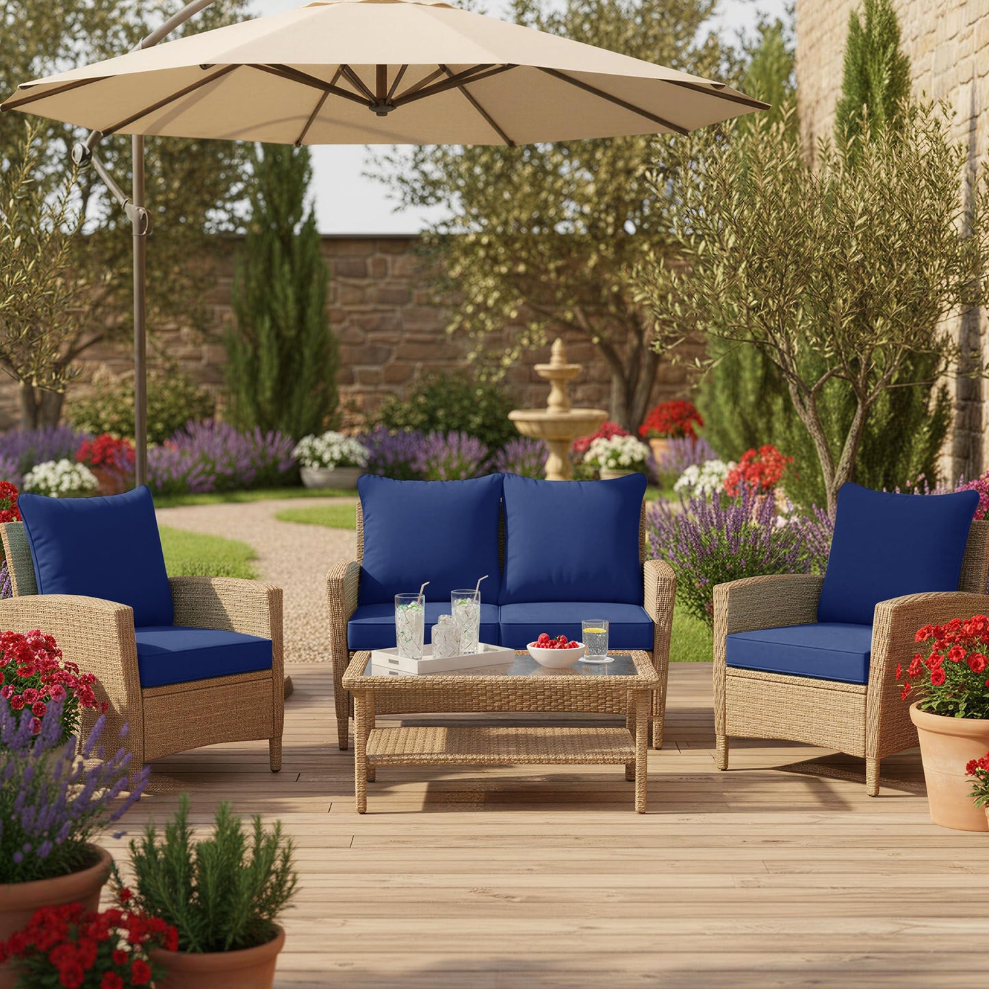 Summsun Patio Chair Cushion Set with Removable Cover, Waterproof Backrest and Seat Cushion Set Replacement for Outdoor Furniture, 19 x 19 Inch, Navy, Set of 4