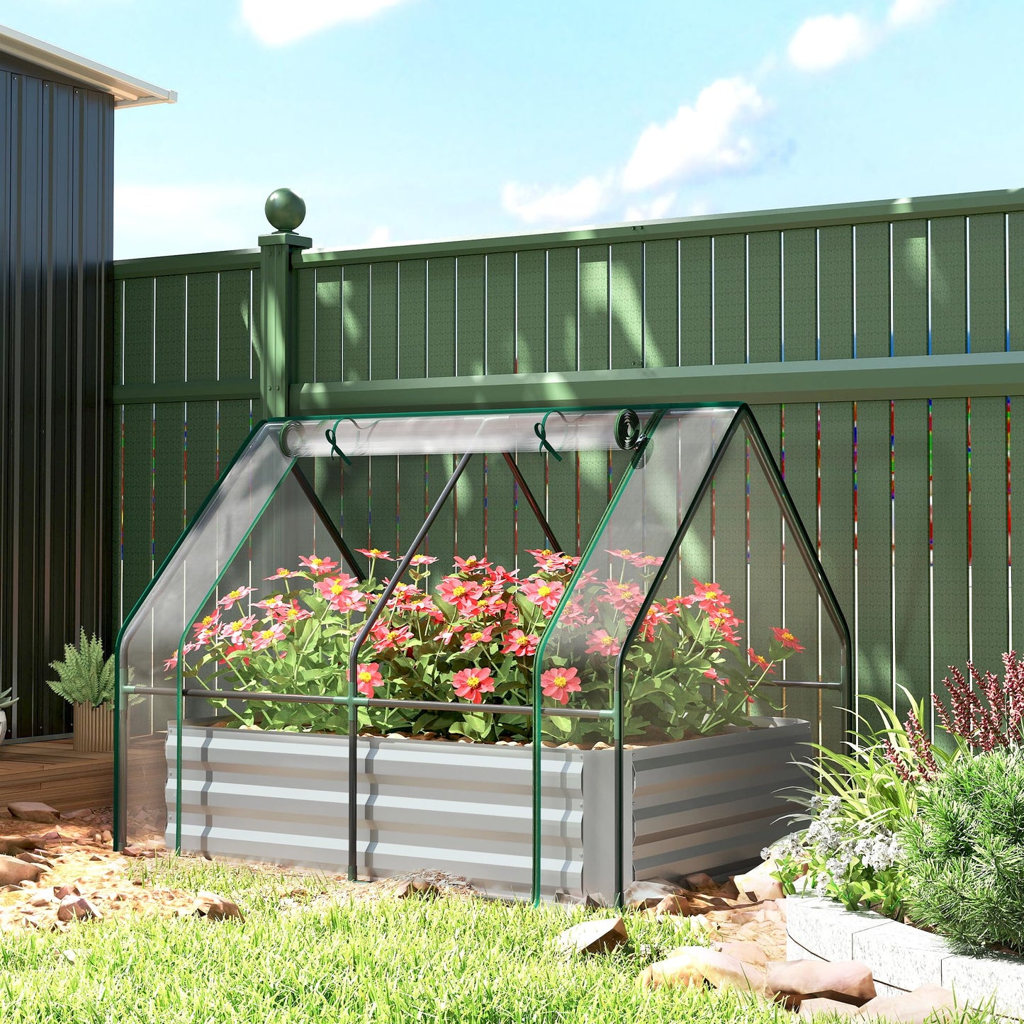 Outsunny 4 x 3 x 3ft Raised Garden Bed with Mini Greenhouse, Galvanized Raised Garden Bed with Cover for Herbs and Vegetables, Small Greenhouse for Patio Garden Balcony, Clear and Gray