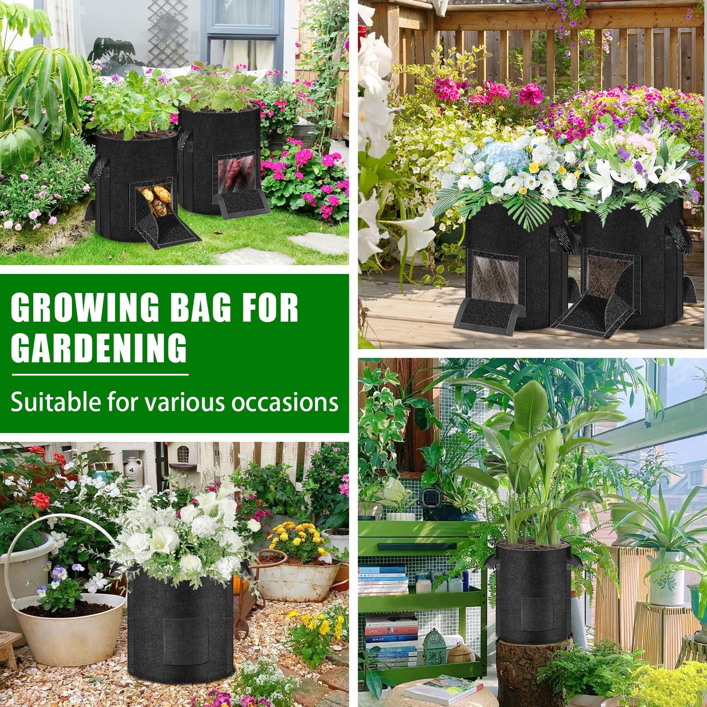 MJZ 3 Pack 15 Gallon Potato Grow Bags with Harvest Observation Windows, 380G Thickened Potato Bags for Growing Potatoes, Heavy Duty Nonwoven Fabric Garden Growing Containers to Grow Vegetable Tomatoes