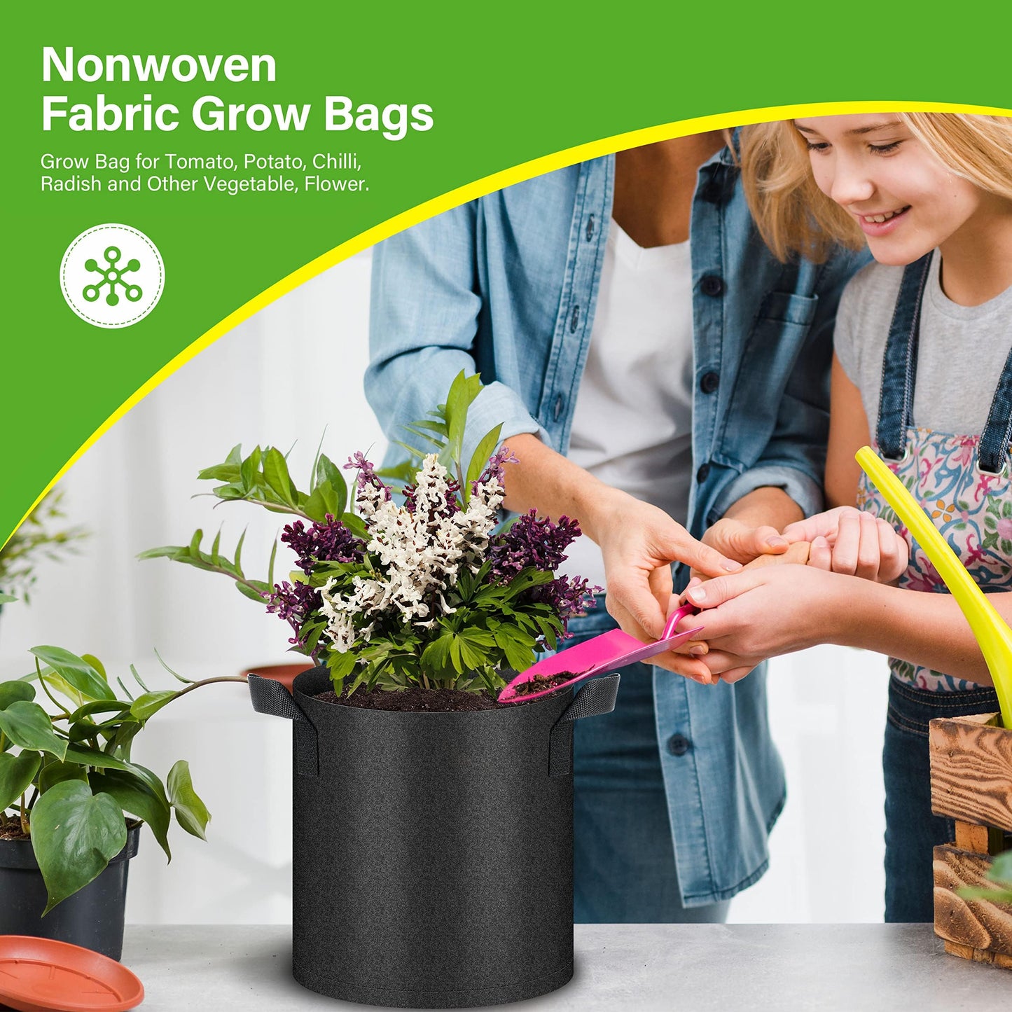 HealSmart 12-Pack 2 Gallon Grow Bags, Nonwoven Aeration Fabric Pots with Handles, Cloth Plant Pots, Suitable for Garden Fruits, Vegetables, Tomato and Flowers, Black
