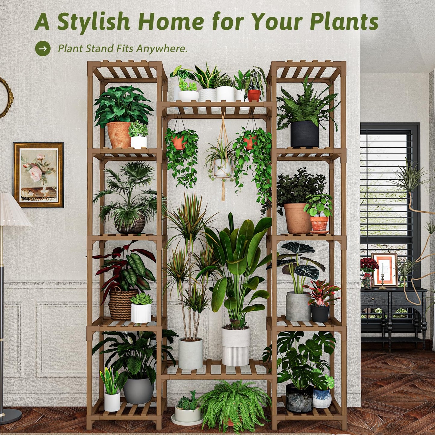 GENTINGBRO Large Plant Stand Indoor Outdoor 62.2“ Tall Plant Shelf Large Tiered Flower Stands for Multiple Display Wood Hanging Planter Holder for Living Room Garden Balcony Patio Decor