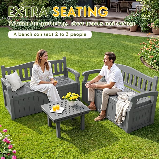 Greesum 80 Gallon Storage Bench Outdoor Deck Box with Armrest, Patio Furniture,Lockable, Waterproof and UV Resistant, Suitable for Garden, Pool, Grey