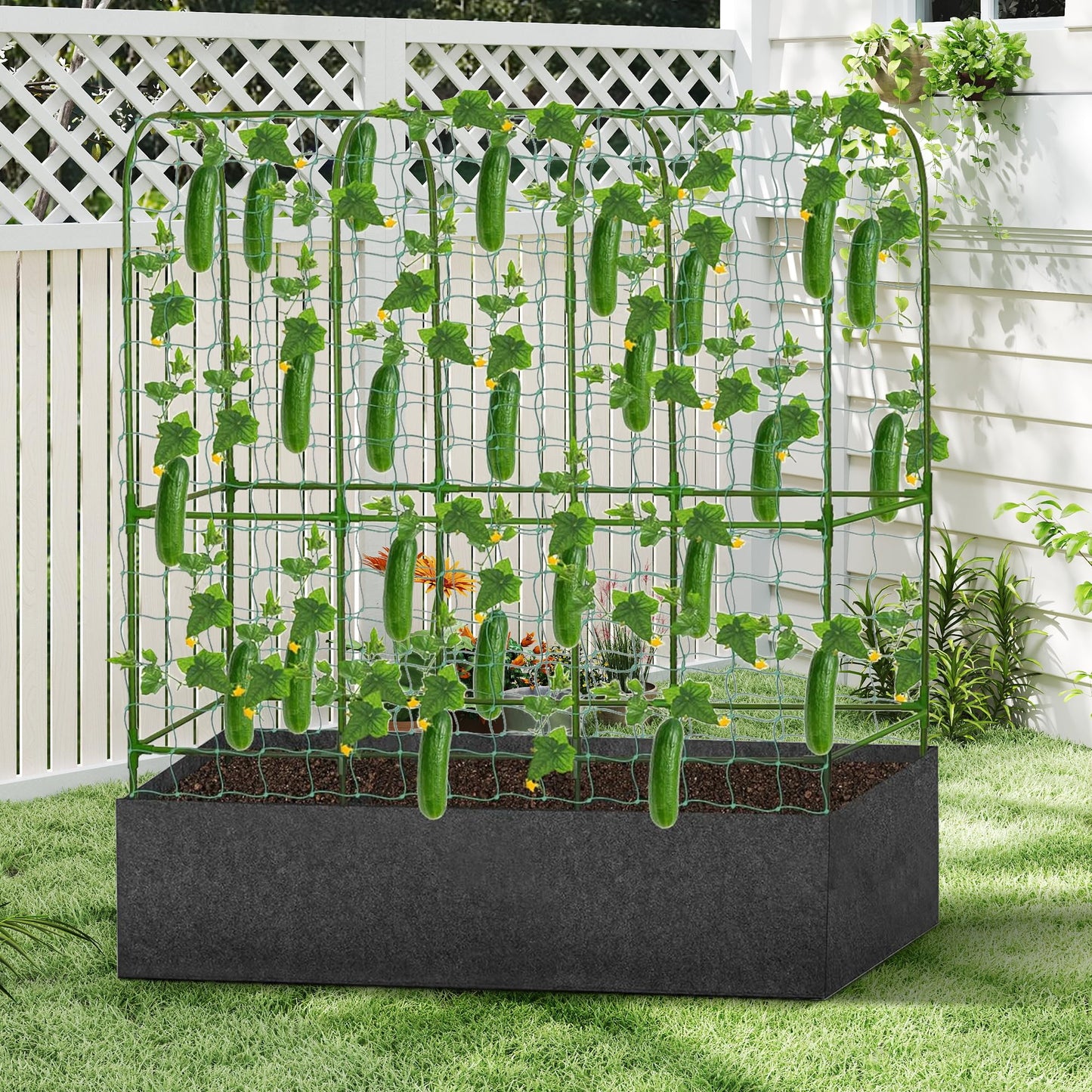 GENMOUS Garden Trellis for Climbing Plants, Cucumber Trellis with Grow Bag, 65 X 50 Inch Large Metal Trellis for Climbing Raised Bed Vegetable Outdoor