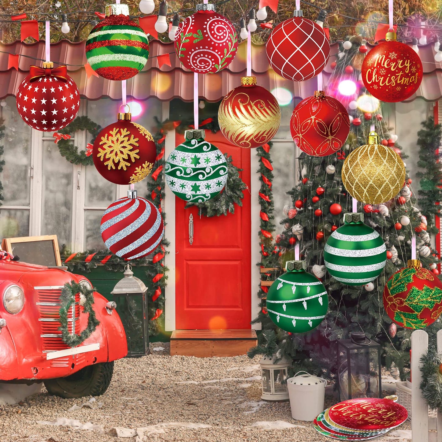 Rtteri 30 Pcs Large Christmas Ball Shape Ornaments for Outdoor 4.9 Inch Double Sided Plastic Christmas Hanging Ornaments Balls for Xmas Tree Indoor Outdoor Porch Yard Supplies