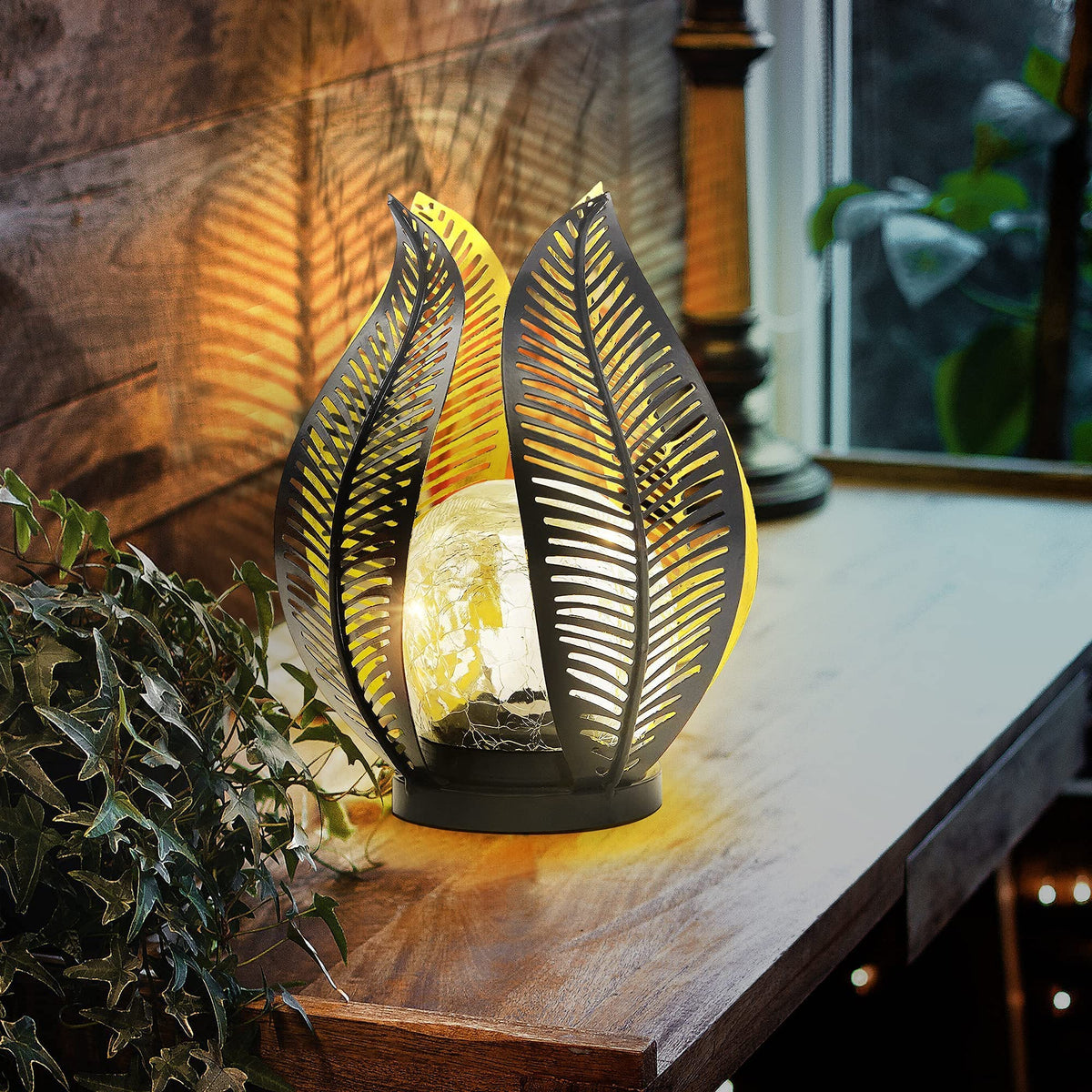 QZGE Solar Garden Lights Waterproof Decorations,Crackle Globe Glass,Metal Palm Leaf Solar Lights for Outdoor Decor On Garden,Patio,Yard,Front Porch,Tabletop Lamp-Perfect Gifts