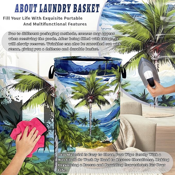 Tropical Palm Tree Laundry Basket Oxford Cloth Colorful Hawaii Laundry Hamper