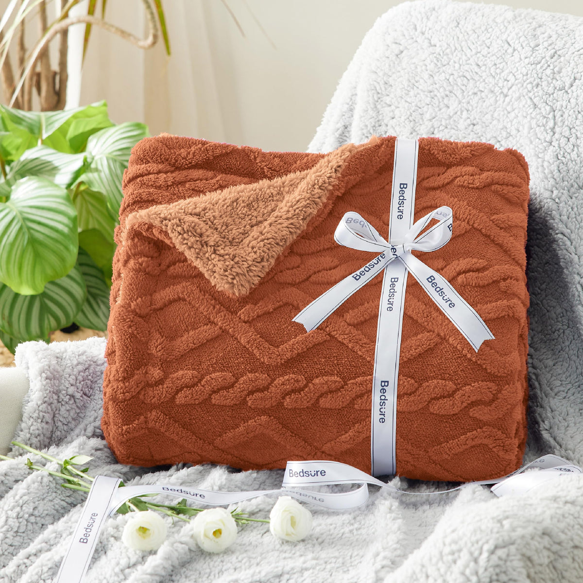 Bedsure Gentlesoft Sherpa Fleece Blanket Twin Size for Bed - Fluffy & Cozy Cable Jacquard Tufted for Women Gift, Thick and Warm Christmas Blanket for Winter, Orange, 60x80 Inches