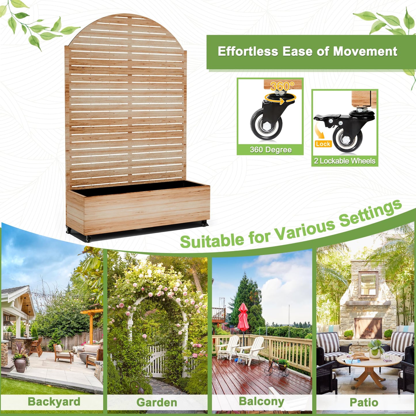 FENCY Metal Raised Garden Bed with Wheels and Trellis,Arched 73"x47"x16" Planter Box for Climbing Plants, Vegetables & Vines, Features Privacy Screen and Drainage Holes (Acacia Wood Finish)
