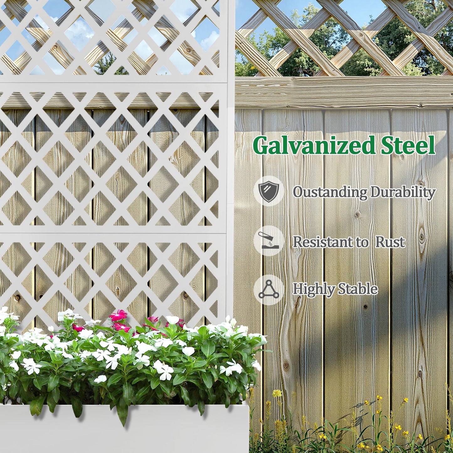 Metal Raised Garden Bed with Trellis and Wheels, 2 in 1 Trellis with Planter Box & Privacy Screen for Climbing Plants, Outdoor Standing Flower Beds with Drainage Holes, 47.2''L×15.7''W×70.9''H, White