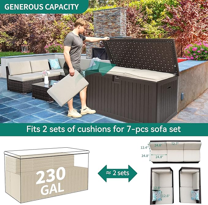 YITAHOME XXL 230 Gallon Large Deck Box,Outdoor Storage for Patio Furniture Cushions,Garden Tools with Flexible Divider,Waterproof,Lockable (Brown)