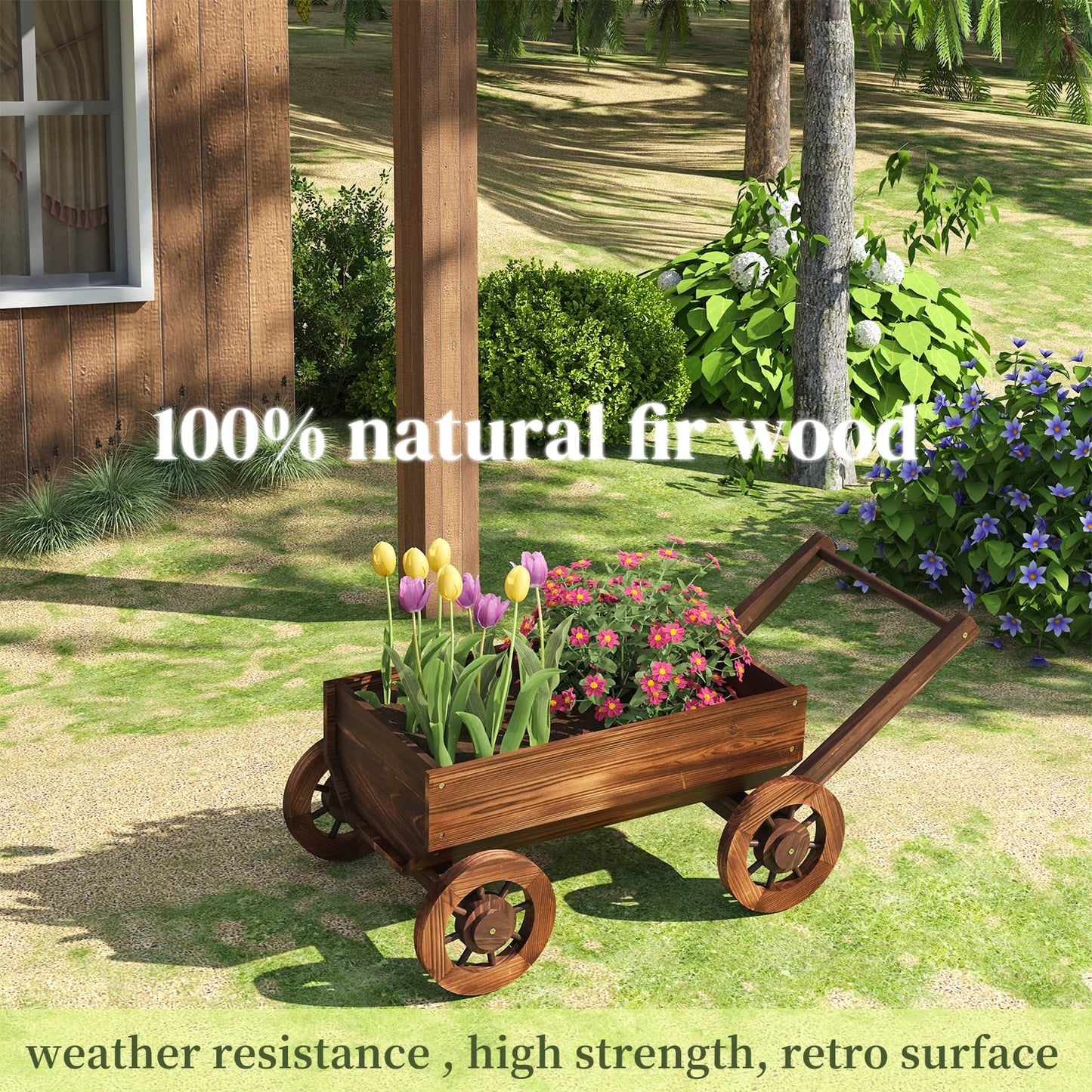 PULIJIAJU Wooden Wagon Garden Planter Cart with Wheels Rustic Flower Pot – Indoor Outdoor Patio Backyard Balcony Decor for Succulents, Flowers and Plants(Carbonized-L