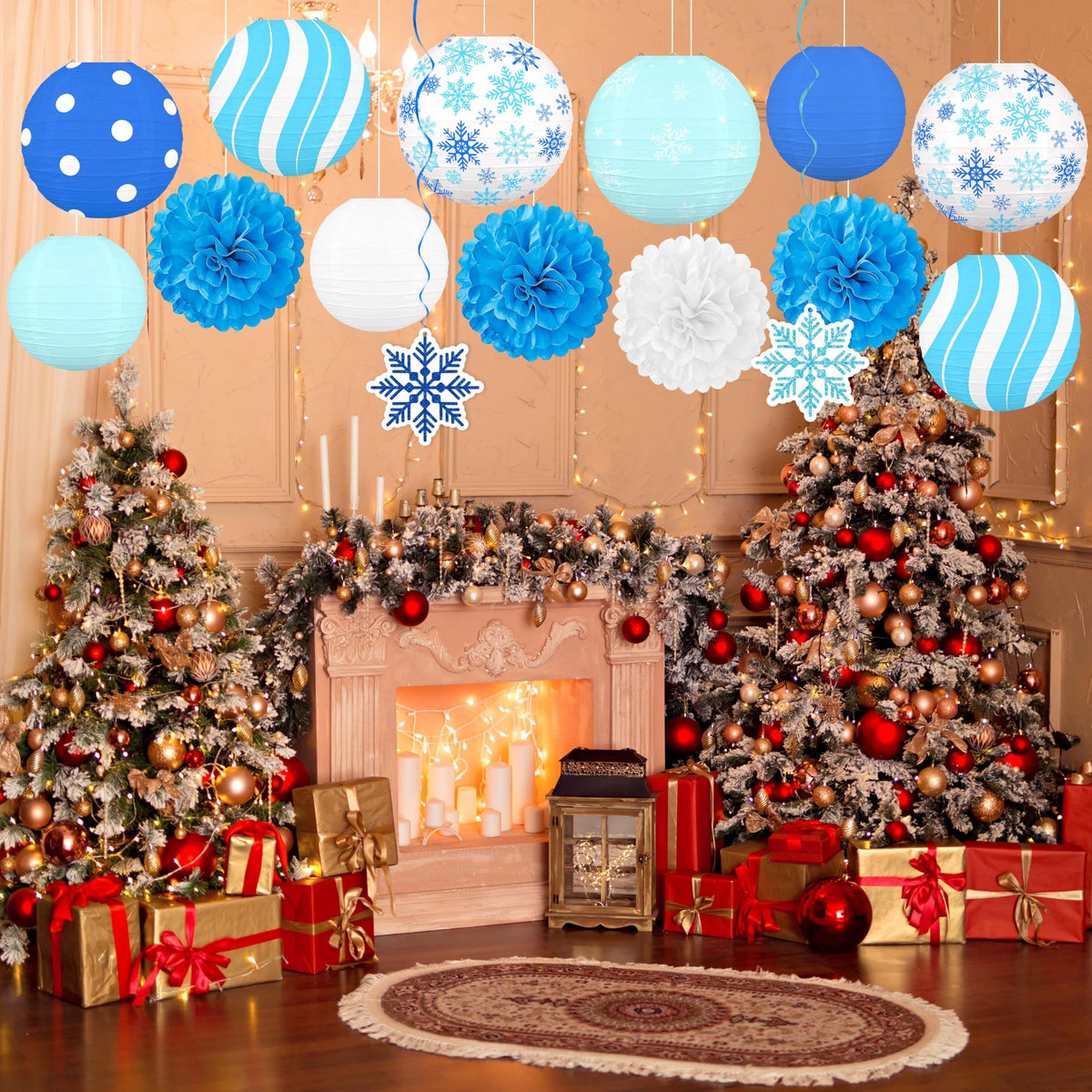 Renbuzhu 15PCS Winter Wonderland Decorations Paper Lanterns Pom Poms Hanging Swirls Christmas Holiday Hanging Decor for Home Birthday Outdoor Indoor