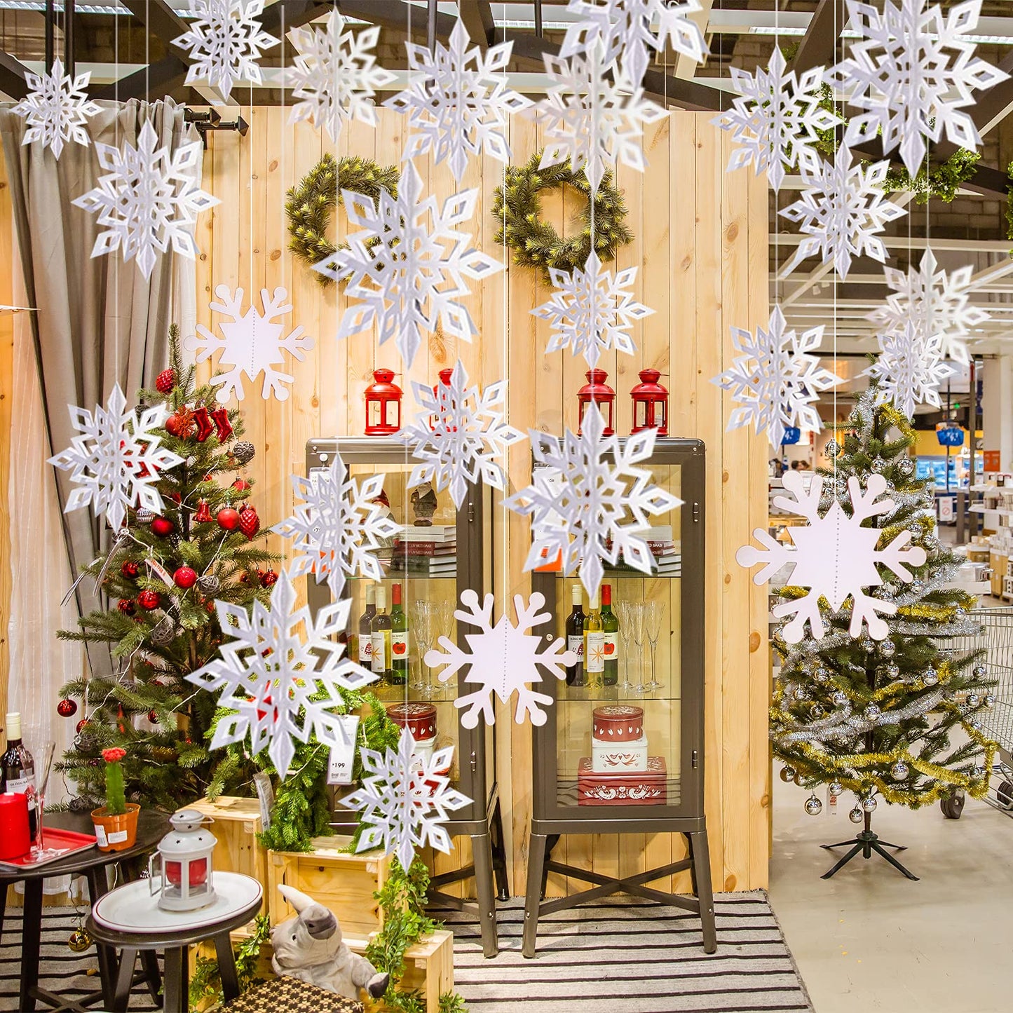 12PCS Winter Christmas Hanging Decorations - 3D White Paper Snowflake Garland with Snowflake Banner for Christmas Holiday Winter Wonderland Frozen Party Decorations