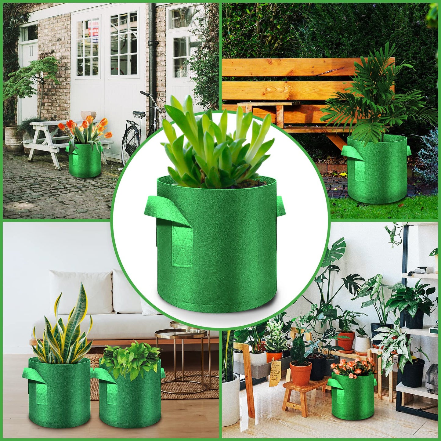 FineGearPow 5-Pack 3 Gallon Grow Bags Heavy Duty Thickened Nonwoven Fabric Pots with Handles, Plant Grow Bags for Vegetables/Flower/Plant/Fruits, Green
