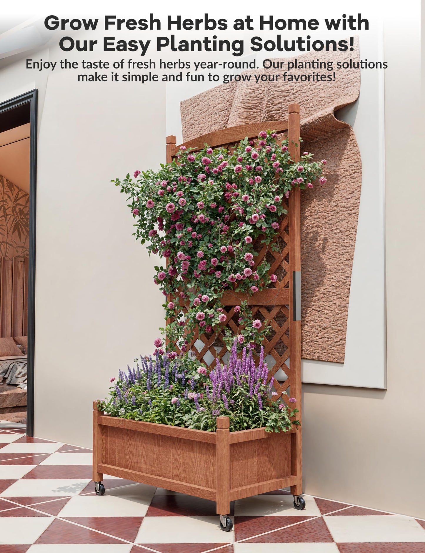 GarveeLife 2-Pack Tall Wood Planter Box with Trellis, 61.5" H Raised Garden Bed on Wheels, Vertical Stand Planter with Drainage Holes for Patio, Balcony & Outdoor Garden