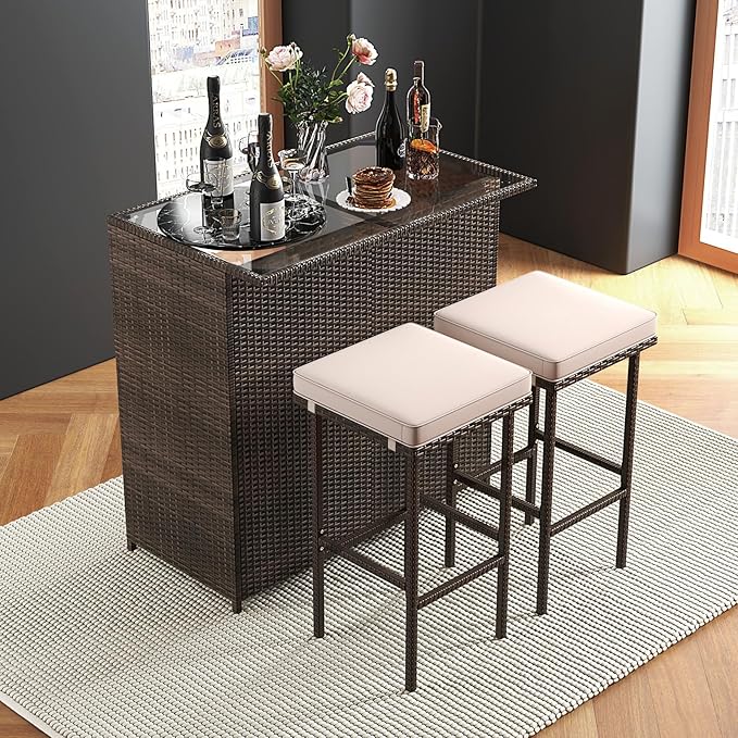 Tangkula 3 Piece Patio Bar Set, Outdoor Rattan Bar Table and 2 Stools